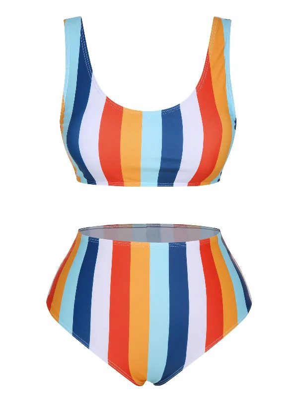 Fashion Forward, Function First 1930s Scoop Neck Rainbow Striped Swimsuit Set