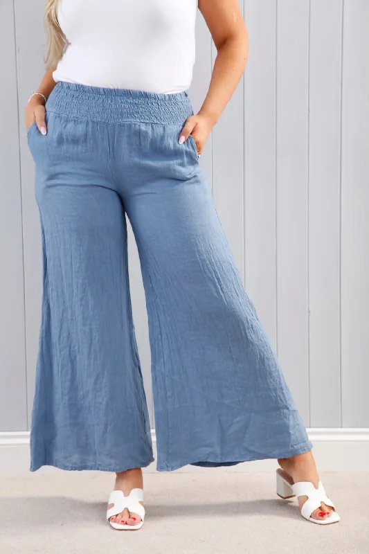 Buy More, Save More Linen Palazzo Pants Denim Blue