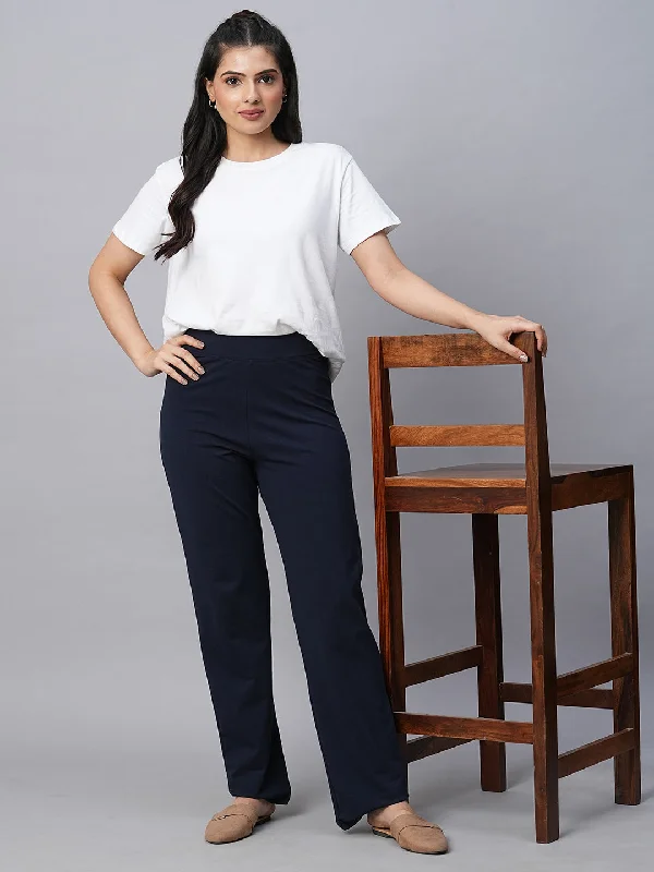 Redefining Women's Style Women's Navy Cotton Elastane Regular Fit Pant