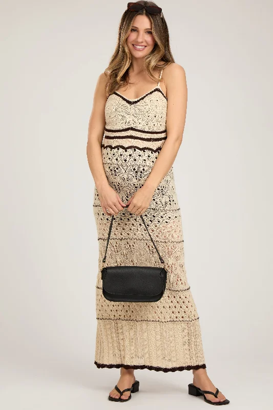 Laid-Back Elegance Cream Contrast Trim Crochet Maternity Maxi Swim Cover Up