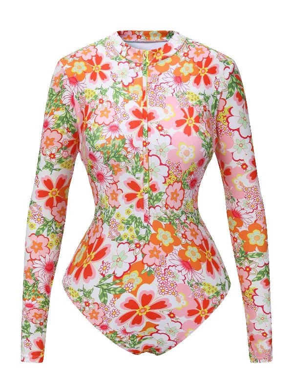 Luxe Women's Fashion 1970s Colorful Floral Print One-Piece Swimsuit