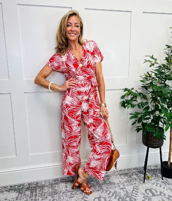 Wardrobe Essentials Red Print Wrap Belted Jumpsuit