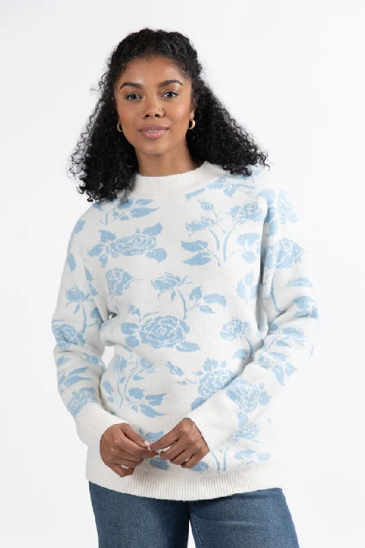 Versatile Outfits Feeling Like Love Ivory and Blue Floral Crew Neck Sweater SALE