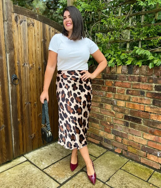 Holiday Glam Abstract Leopard Print Satin Slip Midi Skirt