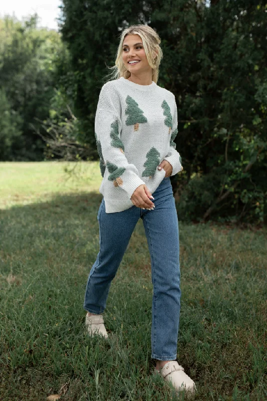 Premium Fashion Under The Mistletoe Cream and Green Christmas Tree Sweater SALE