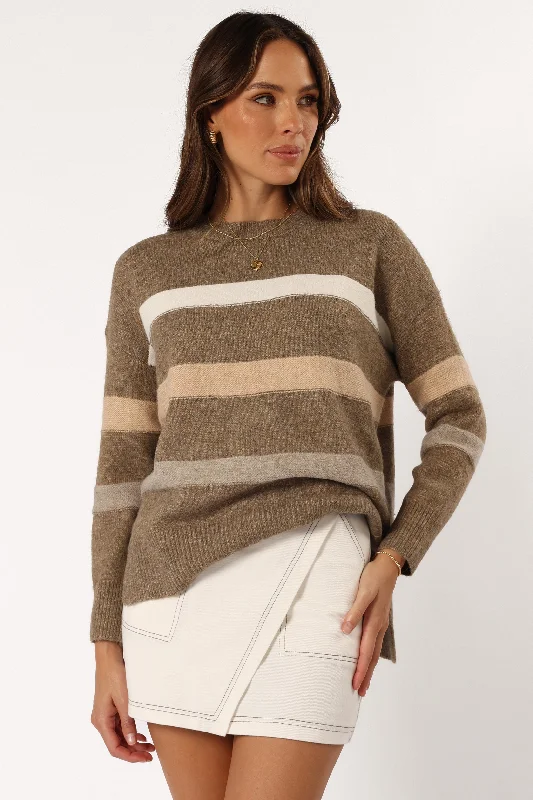 Trendy Women's Wear Esther Stripe Knit Sweater - Brown