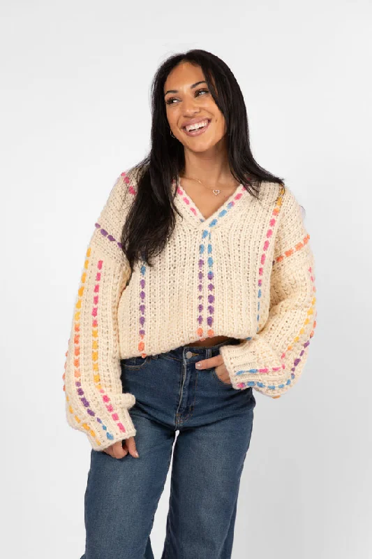 Imeless Style Day We Met Cream Multi Color Stitched Detail V-Neck Sweater SALE