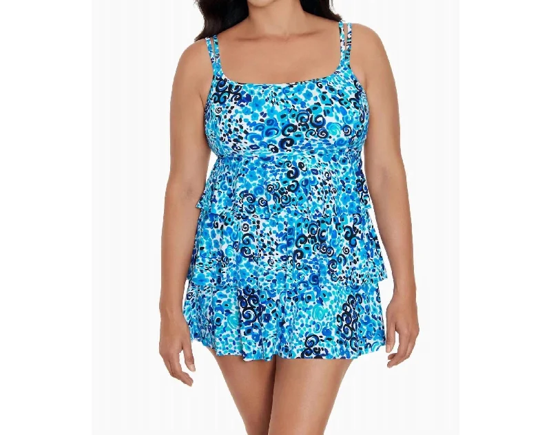 Imeless Style Fanciful Triple Tier Long Torso Swim Dress In Blue