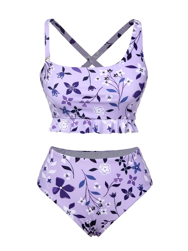 Sophisticated Fashion Purple 1930s Floral Irregular Shoulder Straps Swimsuit