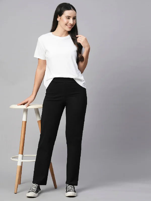 Trend Forward Threads For Her Women's Black Cotton Elastane Regular Fit Pant