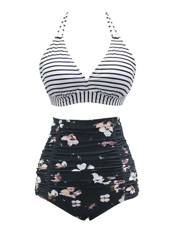 Hot Styles Black 1950s Halter Floral Stripes Swimsuit