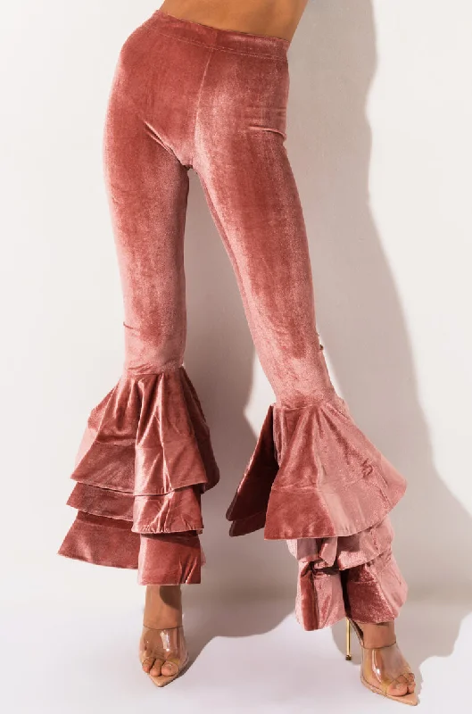 Women's Clothing Online Sale LUCKY ME HIGH WAISTED VELVET RUFFLE PANTS LIGHT PINK