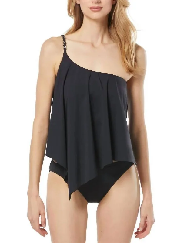 Casual Chic One Shoulder Asymmertric Tankini Swim Top In Black