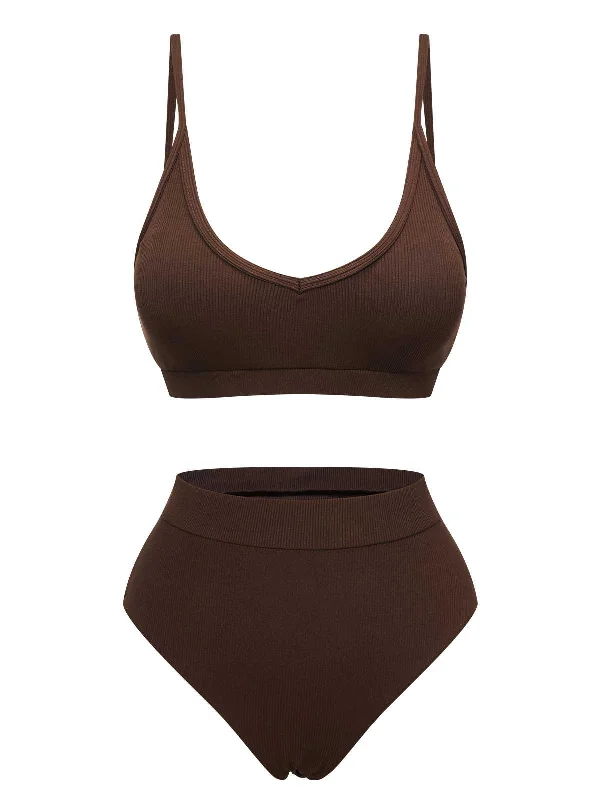 Casual Fashion Brown 1950s Spaghetti Strap Solid Swimsuit