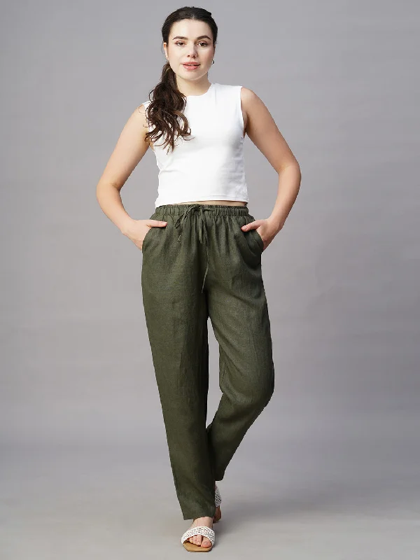 Style Beyond Borders Women's Olive Linen Regular Fit Pant