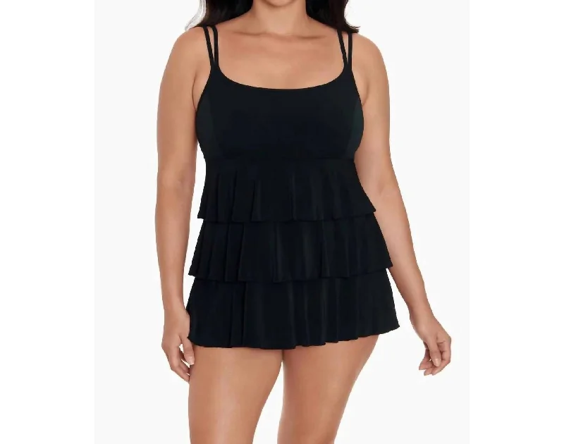 Relaxed Style Tie Triple Tier Long Torso Swim Dress In Black