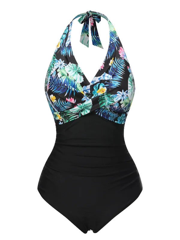 Effortless Chic Apparel 1930s Tropical Plants Lace-Up Halter Swimsuit